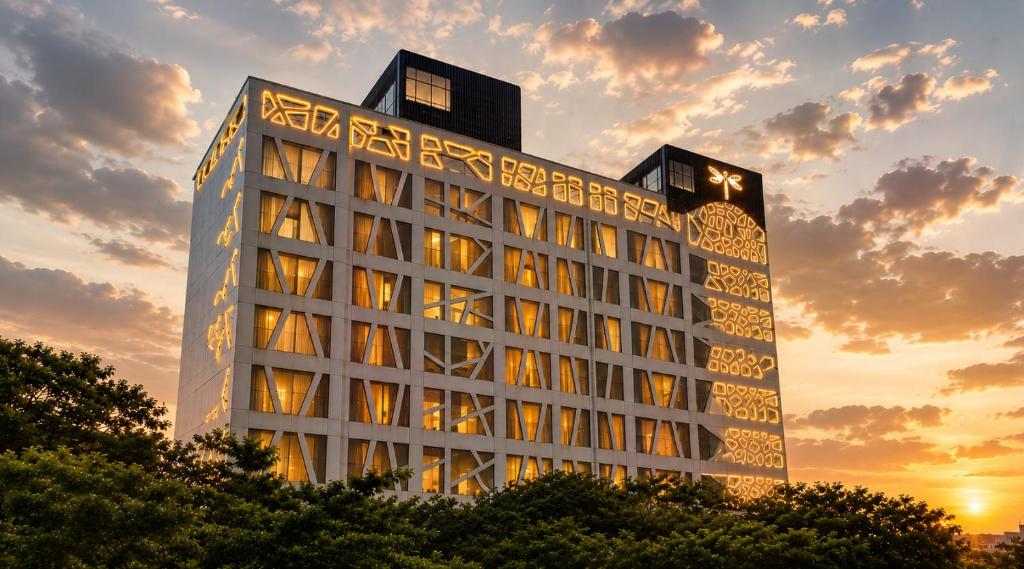 a tall building with a sunset in the background at Dragonfly Hotel - The Art Hotel in Mumbai