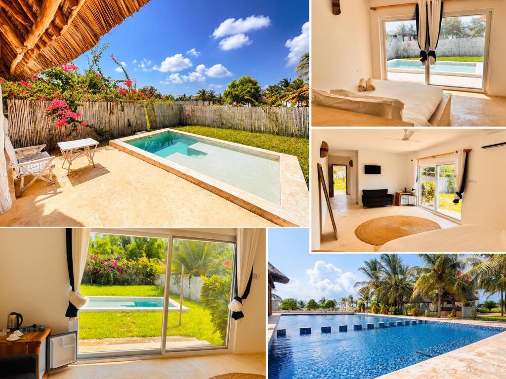 a collage of photos with a pool and a house at Raffia Boutique Hotel in Jambiani