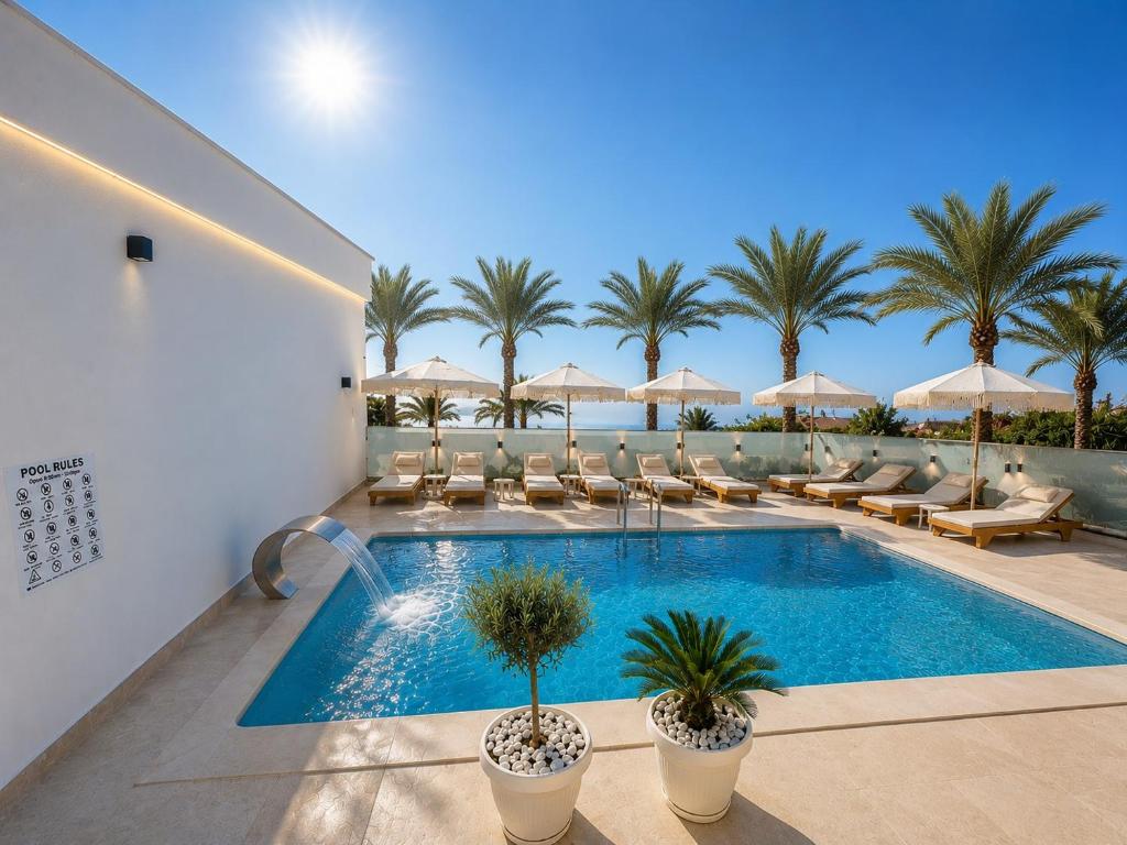 a swimming pool in a villa with palm trees at Sorean HOTEL in Ksamil