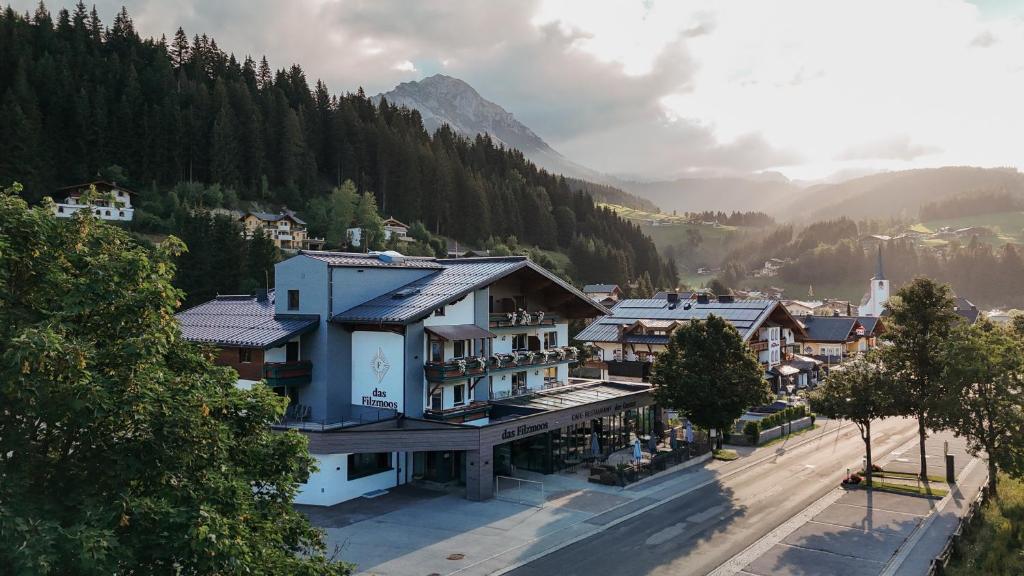 an aerial view of a town in the mountains at Das Filzmoos in Filzmoos