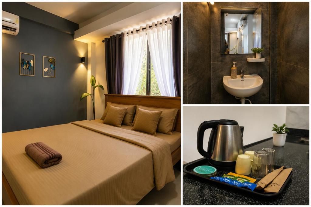 a hotel room with a bed and a sink at Assagaon Studio at Kiara Homes in Assagao