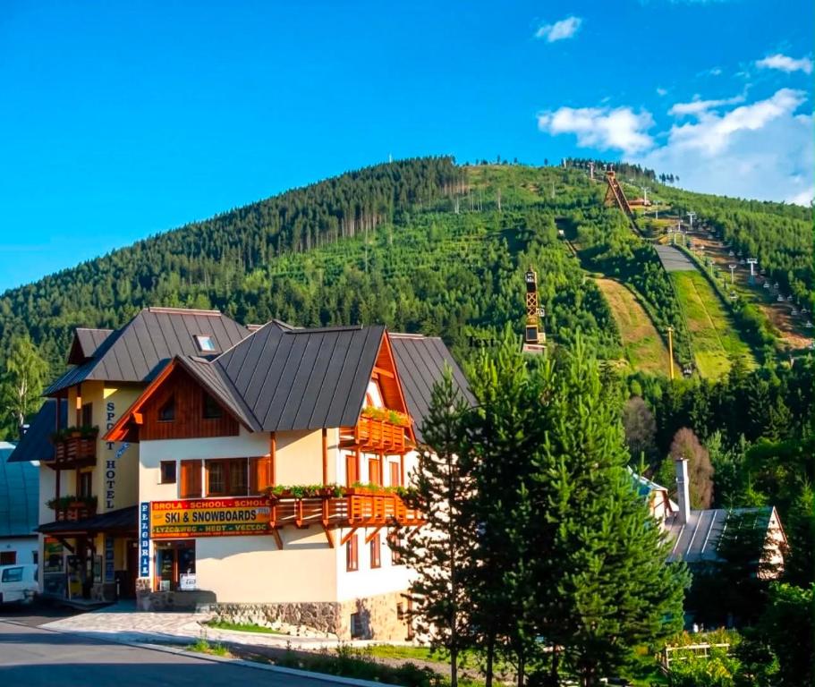 a house with a mountain in the background at Sport hotel POMI in Harrachov