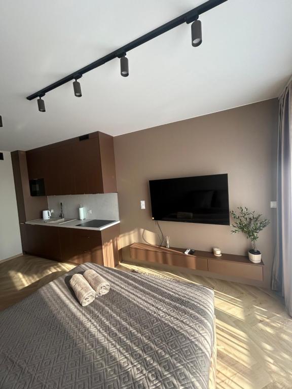 a bedroom with a large bed and a flat screen tv at Apartament Kaszmirowy in Nysa