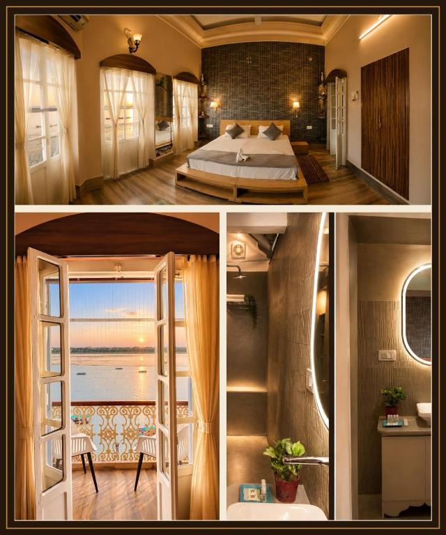 a room with a bed and a view of the ocean at Shiva Ganges View Guest House in Varanasi