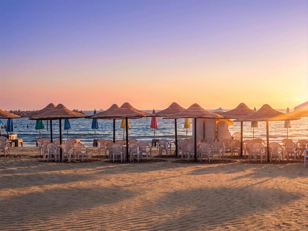 a group of chairs and umbrellas on the beach at Aracan Hotac Ras El Bar in Ras El Bar