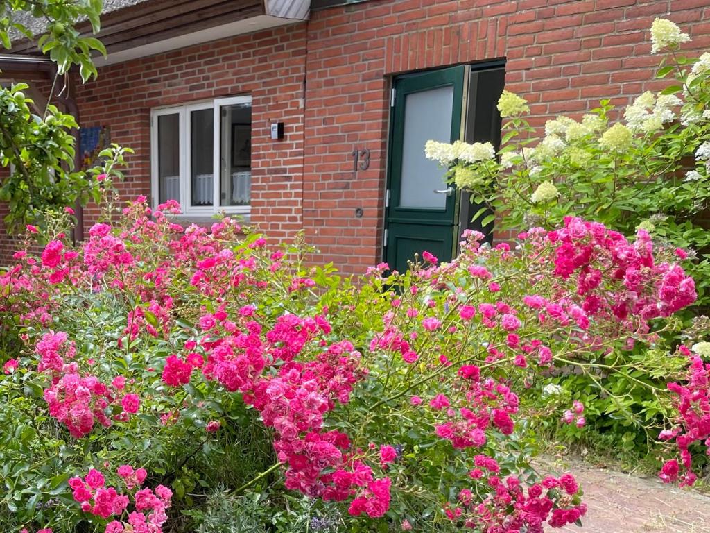 ein Garten mit rosa Blumen vor einem Haus in der Unterkunft Lüttdeel in Gelting