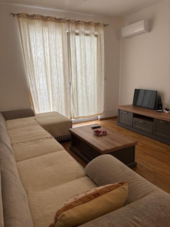 a living room with a couch and a tv at Apartment MareMare Budva in Rafailovici