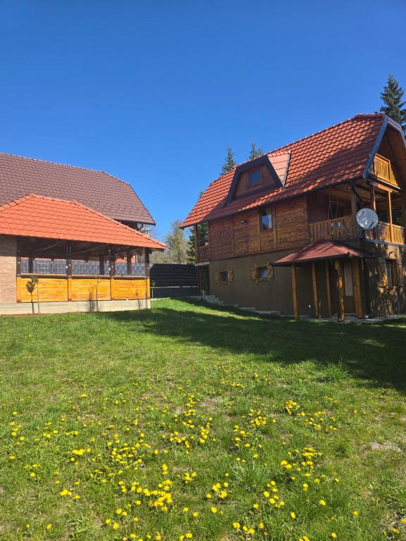 a building with a yard with yellow flowers in the grass at Brvnara Aleksandra Tara Sekulić in Konjska Reka