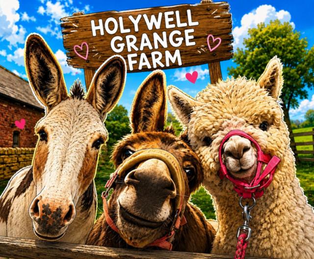 a picture of a donkey and a llama next to a sign at Holywell Grange Farm in Whitley Bay