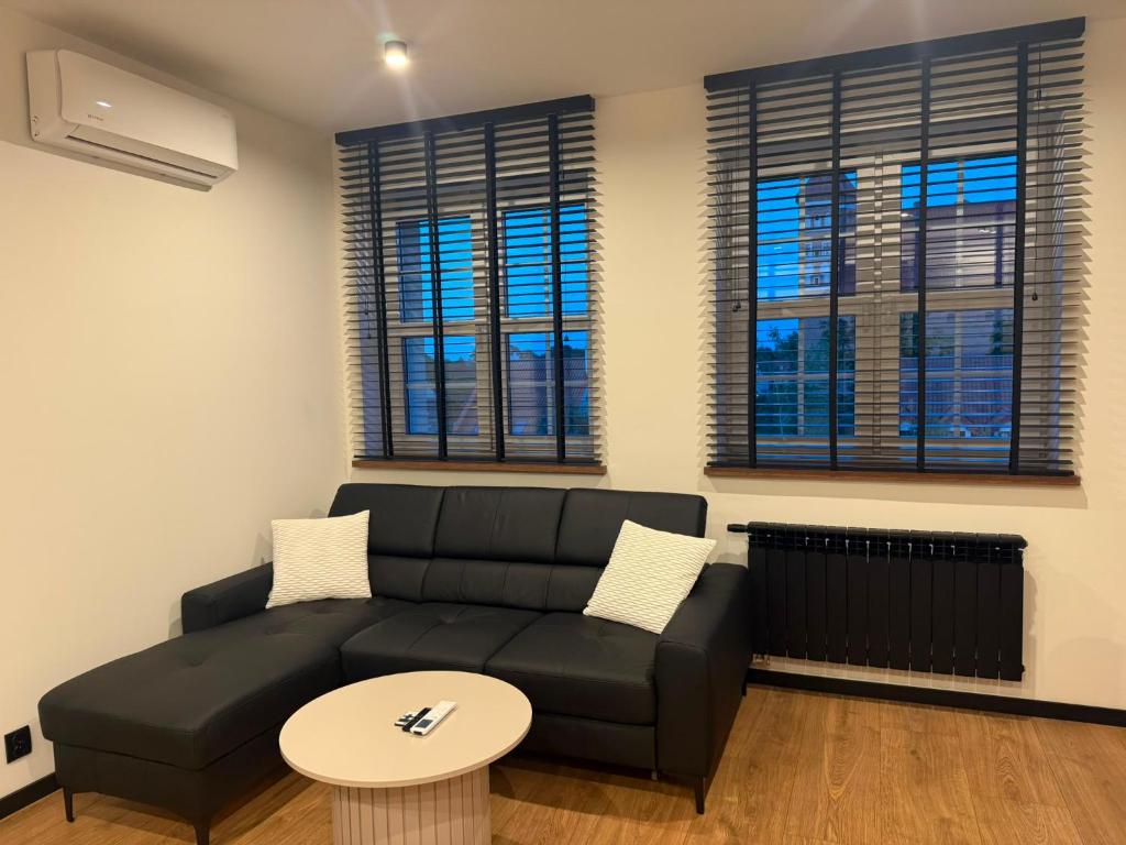a living room with a black couch and two windows at Apartament Zamkowy Zakątek in Lidzbark Warmiński