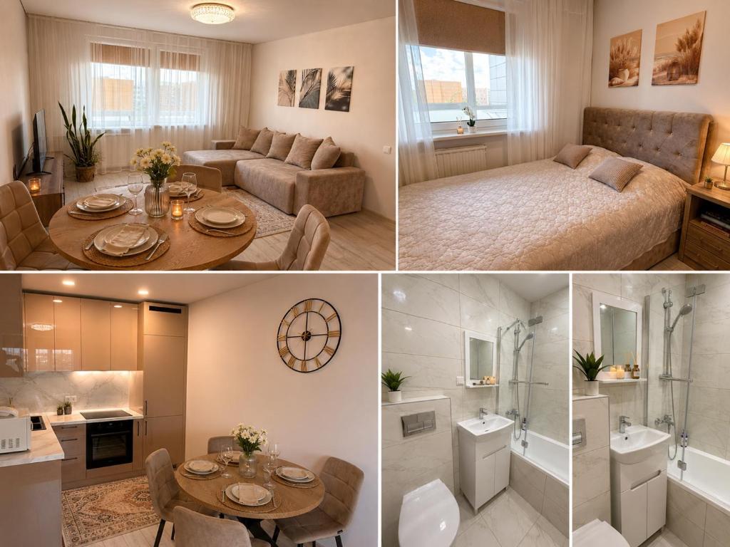 a collage of four pictures of a room at Smiltelė apartamentai in Varėna
