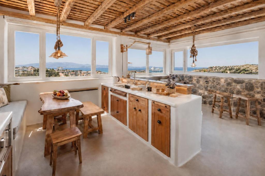 a kitchen with a table and some windows at Boriadon Rustic Countryside Homes in Naxos Chora