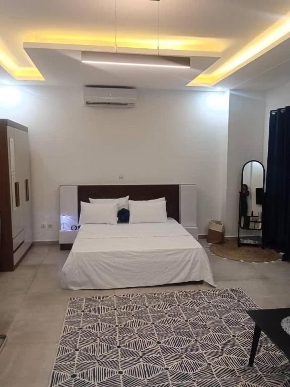 a bedroom with a large white bed and a rug at la maison PAIX in Île de Petit-Bassam