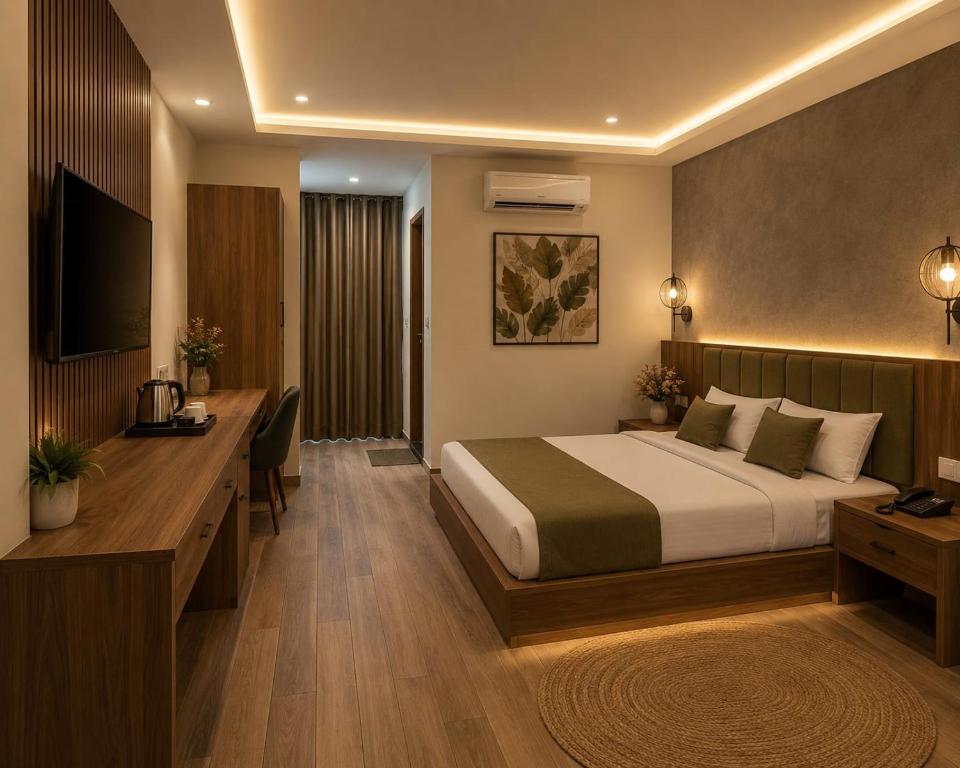 a hotel room with a bed and a desk at The Silvan Villa Resort in Bangārapet