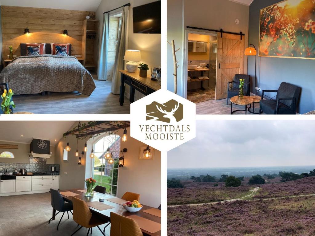 a collage of pictures of a bedroom and a room at Landelijk overnachten bij Vechtdals Mooiste in Giethmen