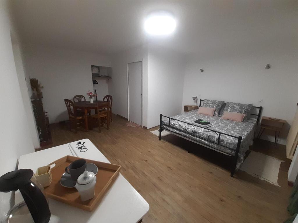 a living room with a bed and a table at L'idéïous in La GrandʼCombe