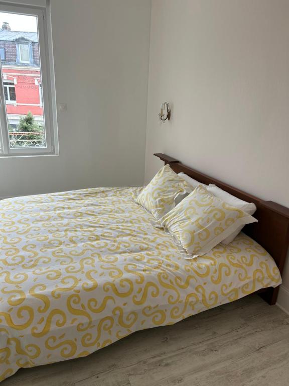 a bed with two pillows sitting next to a window at Le Cepyo in Saint-Quentin