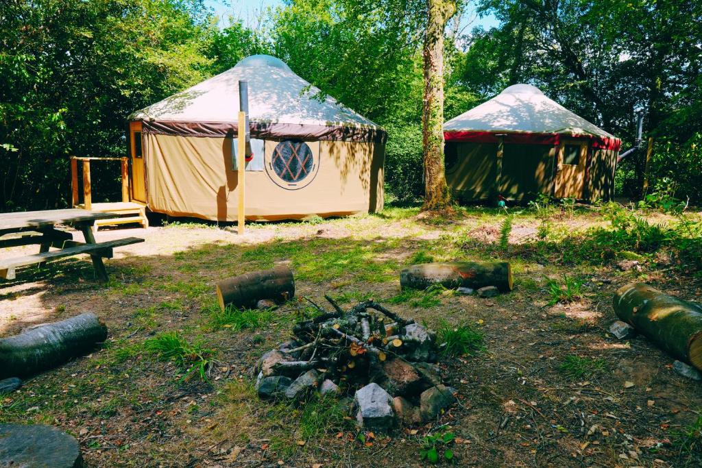 a couple of tents in a field with a fire at Yurtcamp Devon in Heathfield