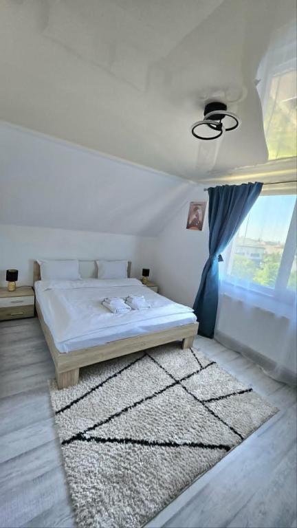a bedroom with a bed with a rug and a window at Cozy SoRaDa 3 apartment in Bragadiru