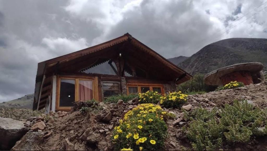 a small house on a mountain with flowers in front at Cabaña Vallecitos in Ciudad Lujan de Cuyo