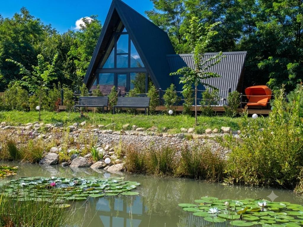 a house in a garden with lily pads in the water at Api Chalet in Avrig
