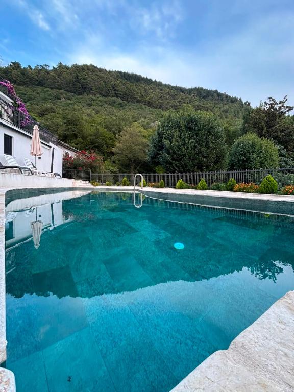 a swimming pool with blue water in a yard at PoolSide Residence in Kavač