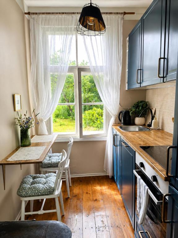 a kitchen with a table and a window at Taevaskoja külaliskorter in Taevaskoja