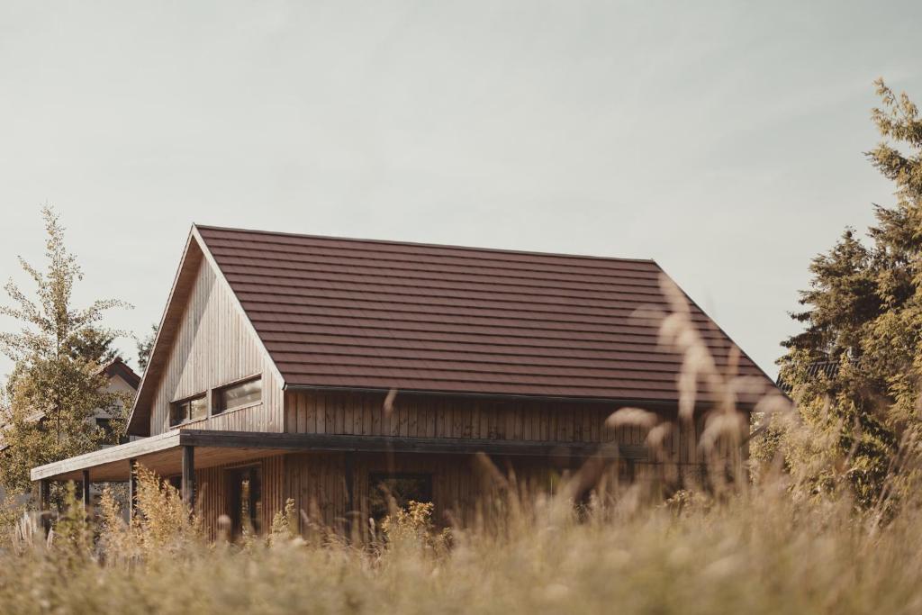 a wooden house with a brown roof in a field at gemütliches Holzhaus am See in Warin