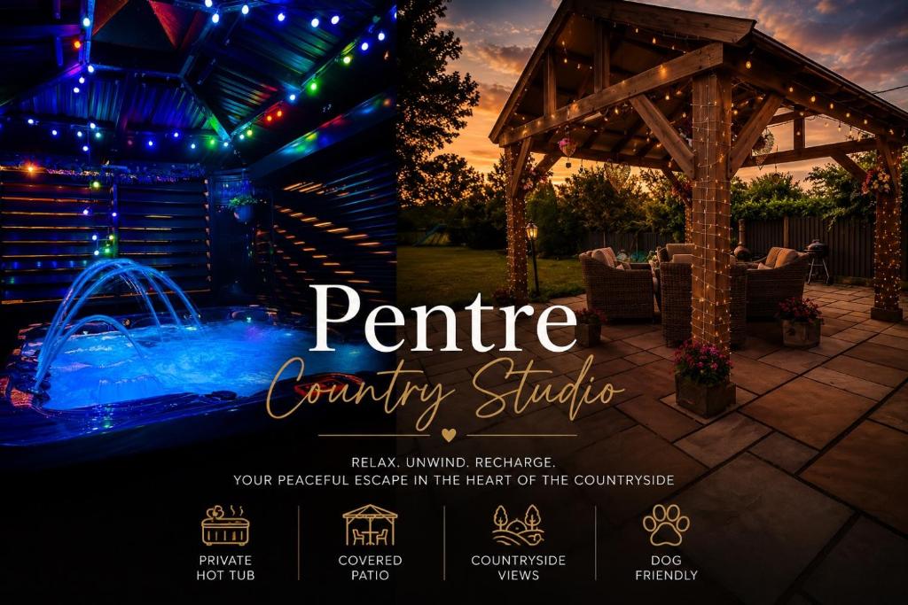 a flyer for a perrine country studio with a pergola at Pentre Country Studio in Wrexham