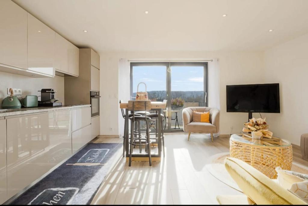 a kitchen and living room with a table and a tv at Entre lac-montagnes et frontière in Contamine-sur-Arve