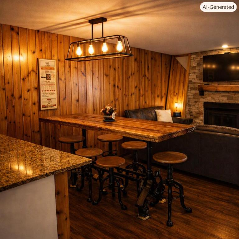 a bar with stools in a restaurant with a fireplace at Silverado II in Winter Park
