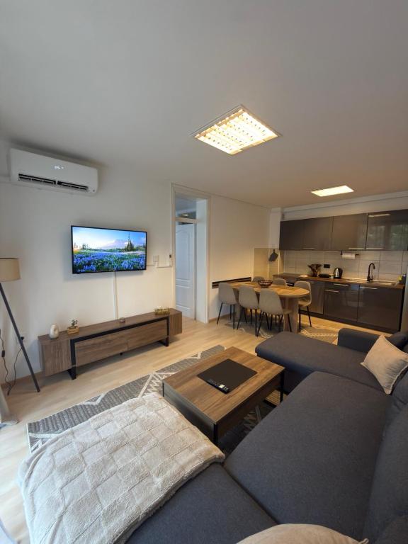 a living room with a couch and a tv on the wall at Valverde Apartment Vlašić in Šišava