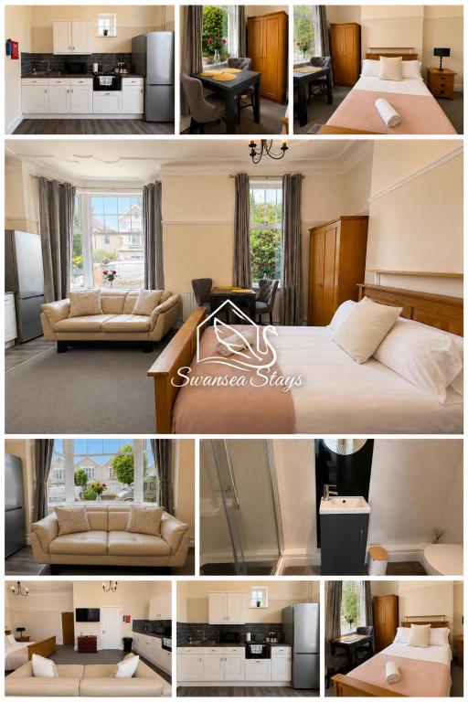 a collage of four pictures of a hotel room at 55 Studio 1 Uplands in Swansea