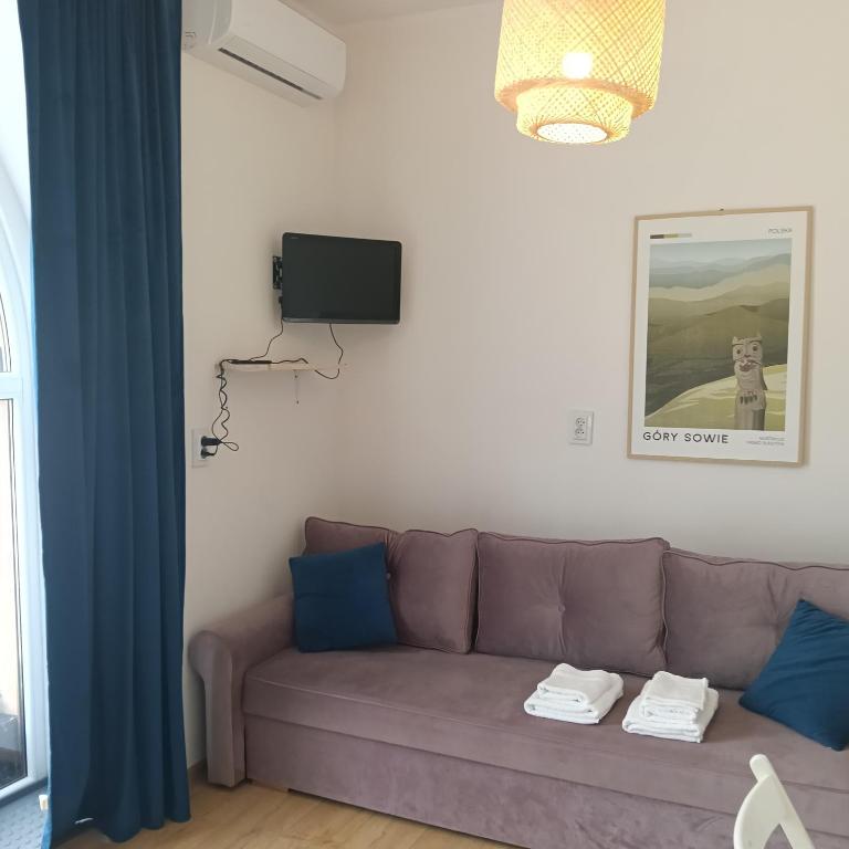 a living room with a couch and a tv at Sowia Dziupla in Zagórze Śląskie