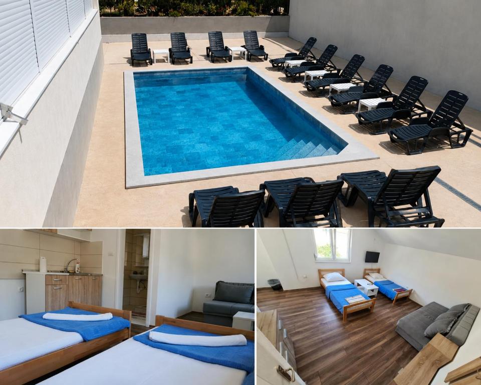 a pool in a house with chairs and a couch at M2 Apartmani in Trebinje
