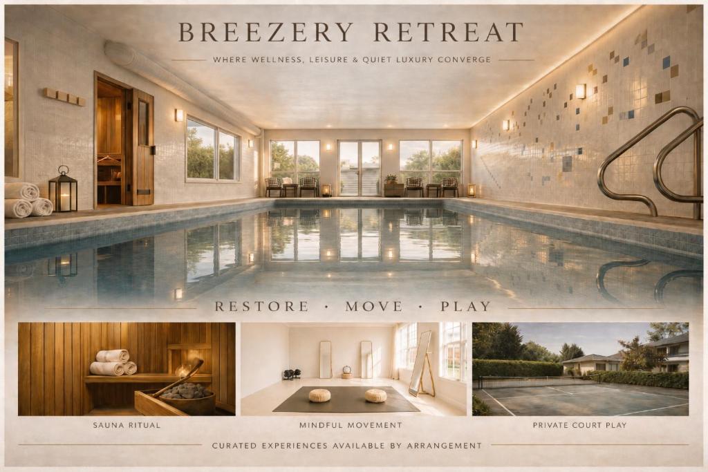 a collage of photos of a swimming pool at Breezery Retreat - 8 Min to Airport - Indoor Pool Sauna Wellness Billiards Sports Court in Richmond