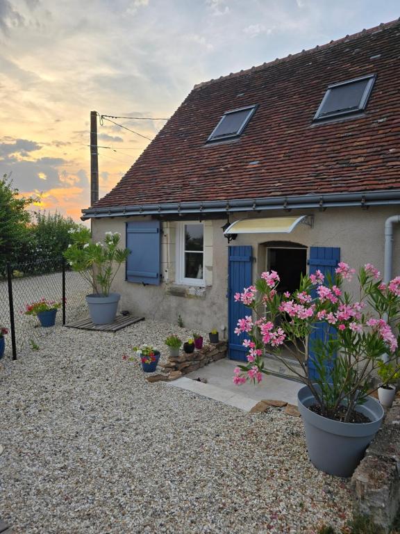 a small house with blue doors and flowers in pots at L'Authentique in Mouzay