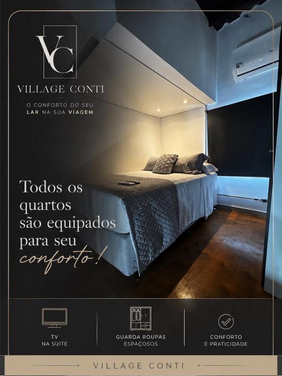 a poster of a bedroom with a bed in a room at Village Conti Ideal para casal com Ar C01 in Campinas