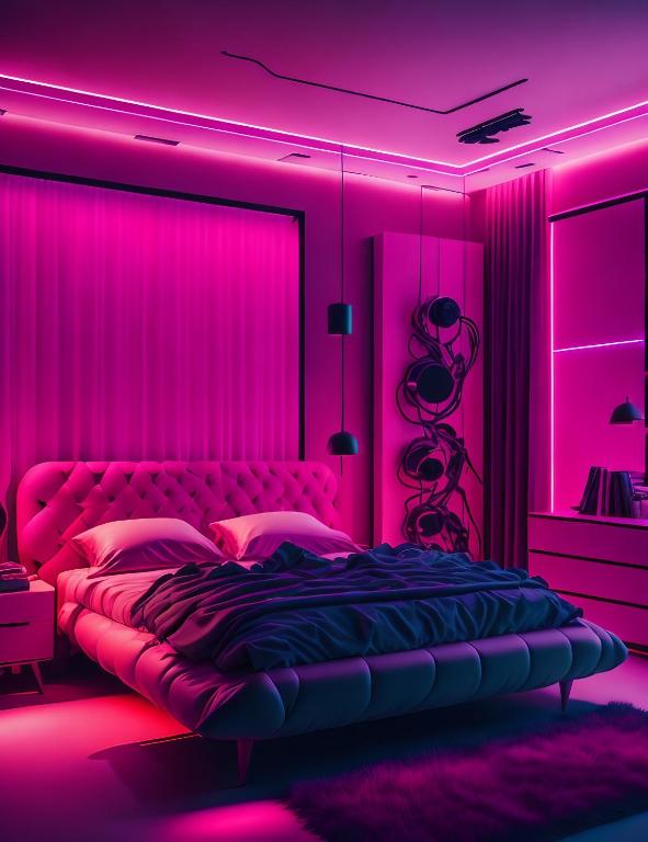 a bedroom with a bed with pink lighting at Hotel Volga EGG Grand Inn Near Delhi Airport in New Delhi