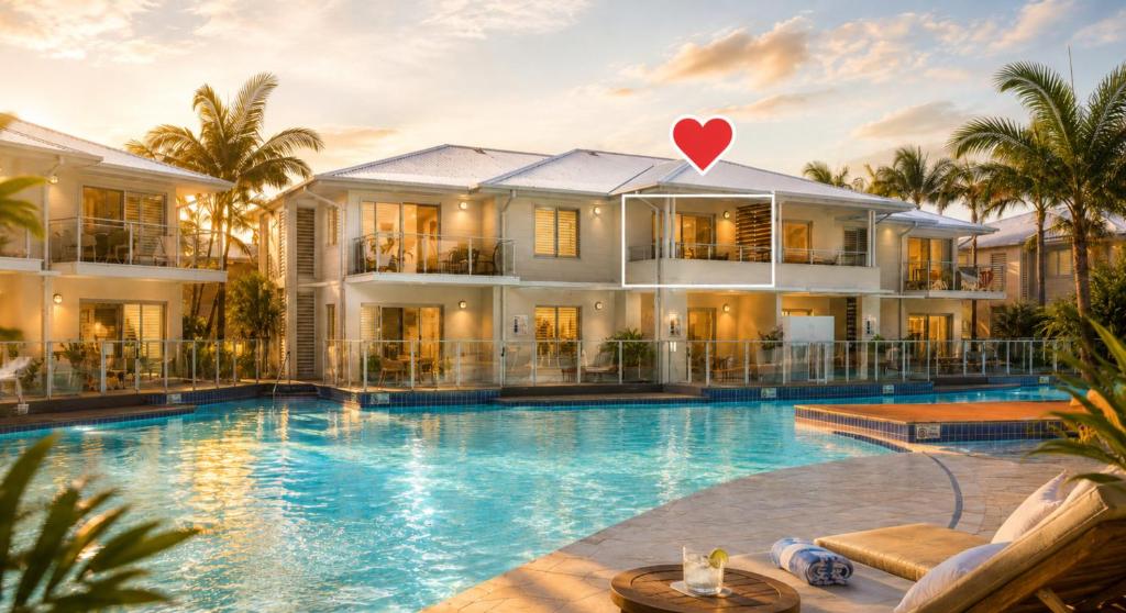 a villa with a swimming pool in front of a house at Luxury Renovated Resort Studio Apartment - Oaks Pacific Blue in Salamander Bay