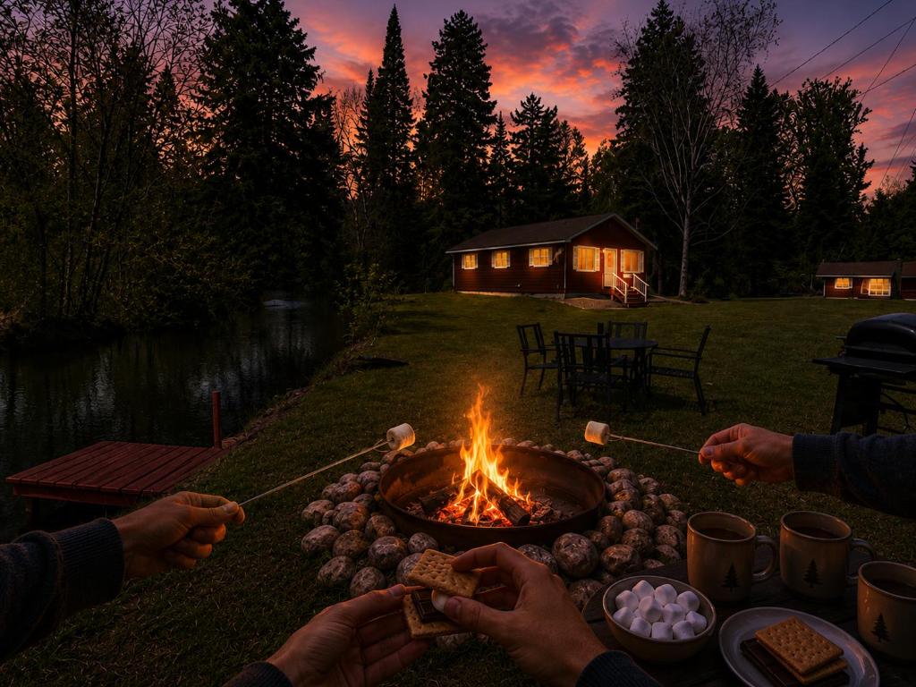 a group of people sitting around a camp fire at Mud Creek Cottage in Cheboygan