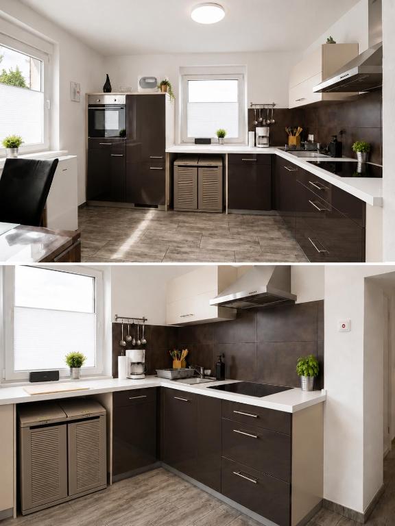 a kitchen with black cabinets and white counter tops at Ferienwohnung Sonnendeck einladend und freundlich in Laupheim
