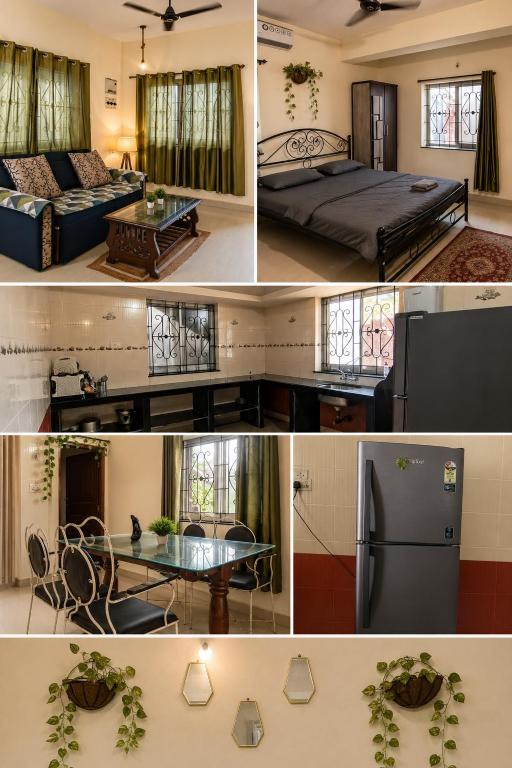 a collage of photos of a living room and a kitchen at Casa Neo villa Vagator in Anjuna