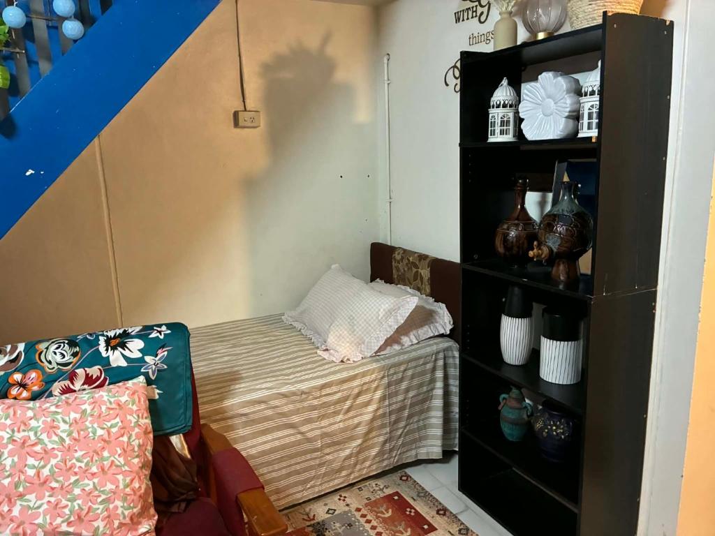 a small room with a bed and a book shelf at Raiwai Cozy Corner in Suva