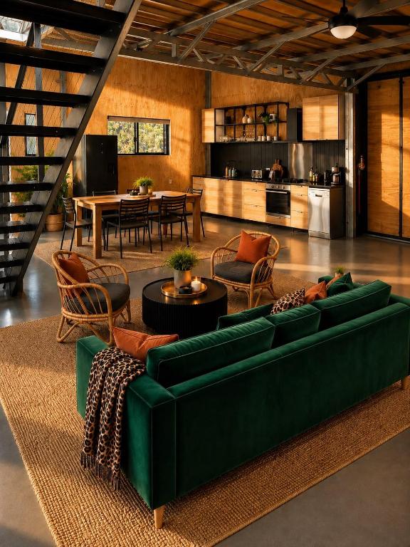 ein Wohnzimmer mit einer grünen Couch und einem Tisch in der Unterkunft Wildwood Eco Retreat in Quindalup