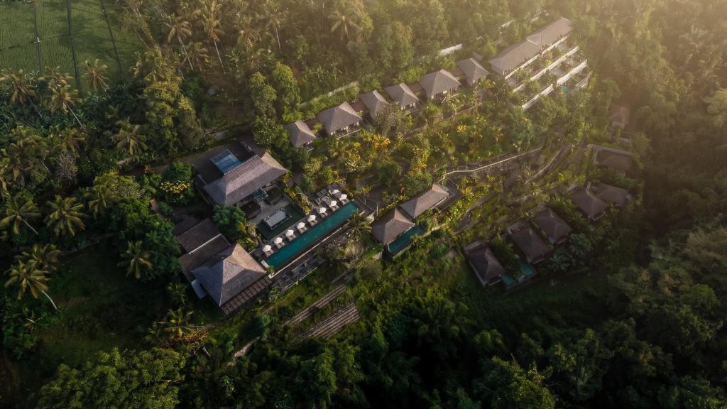 an overhead view of a resort in the forest at Ayatara Resort Ubud in Payangan