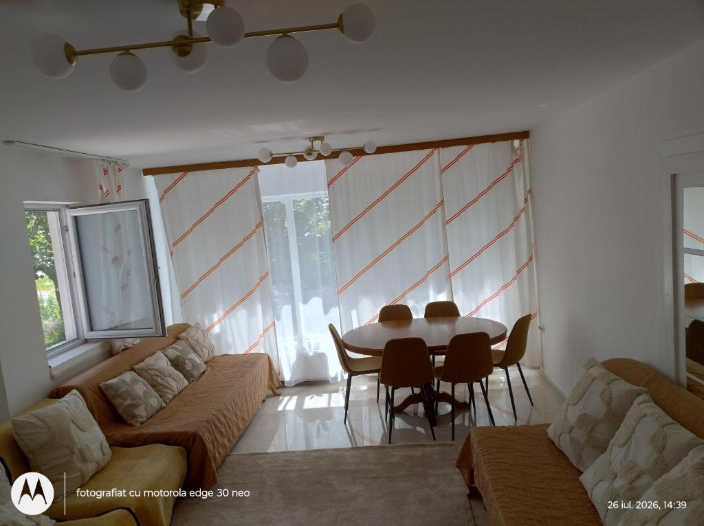 a living room with a table and a couch at Casa Albinelor - Apartament 2-6 persoane in Braşov