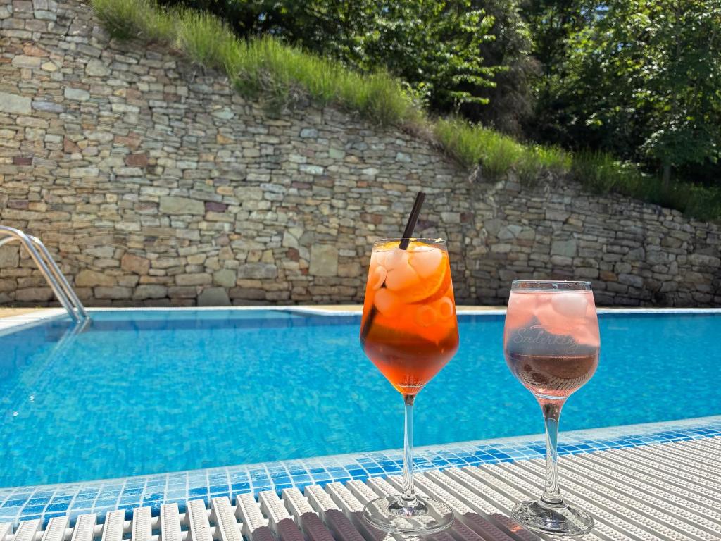 two glasses of wine next to a swimming pool at Ulbert Pince Panzió in Szederkény