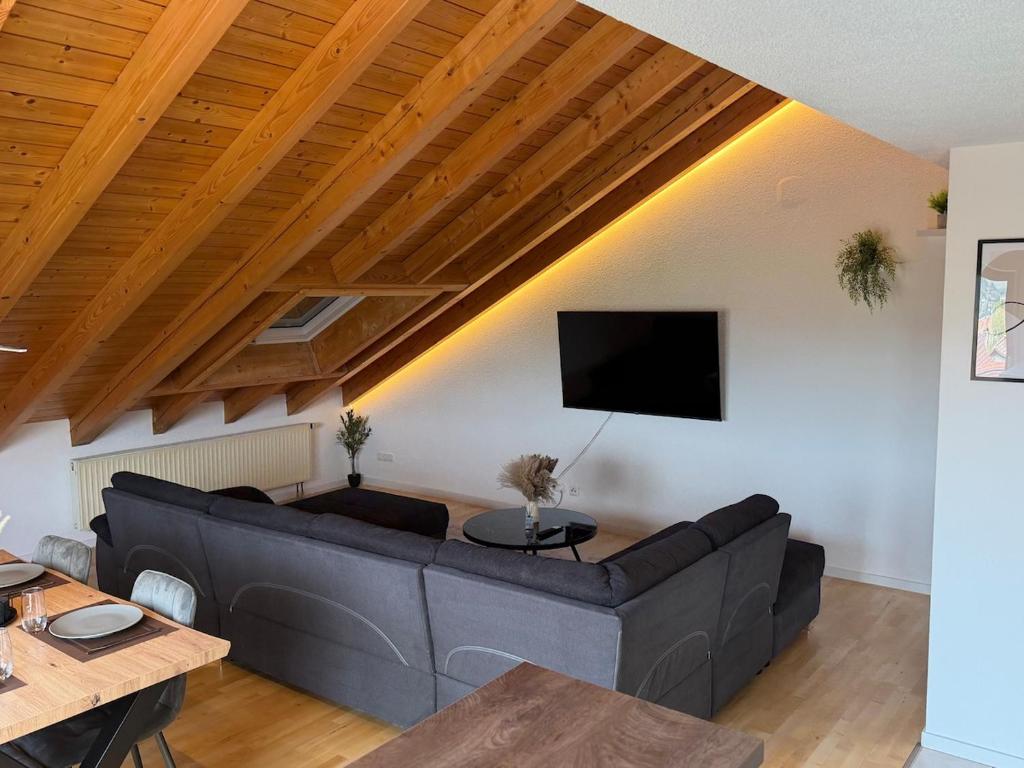 a living room with a couch and a flat screen tv at Modernes Apartment mit Balkon in Wutöschingen