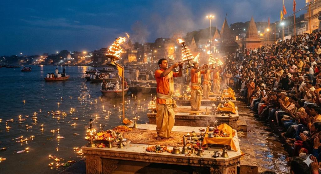 a crowd of people watching a festival on the water at Hotel Ganga Ashoka-Stay By The Ganges At Triveni Ghat in Rishīkesh